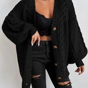 Black Casual Womens Solid Button Front Cable Knit Cardigan